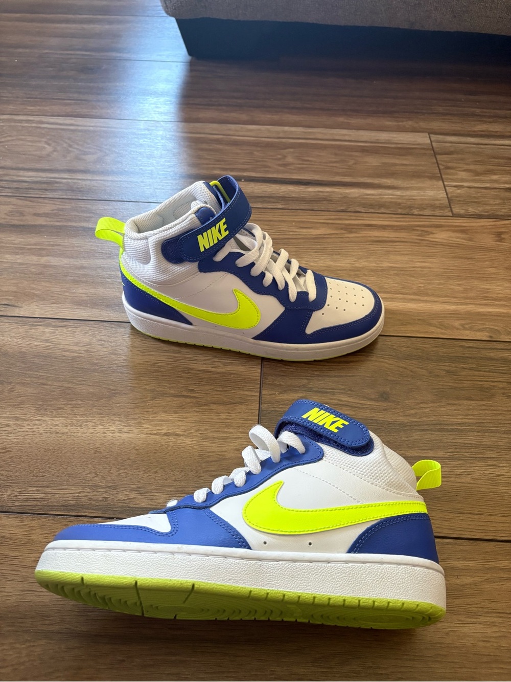 Nike Kids High-Top Sneakers in White, Blue & Volt